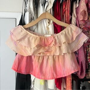 ATHENA PROCOPIOU pink orange ombré cotton silk ruffle strapless cropped blouse